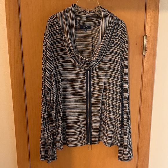Comfy USA Women’s Cowl Neck Zipper Striped Sweater Top Black Off White Size 2X - Picture 1 of 7